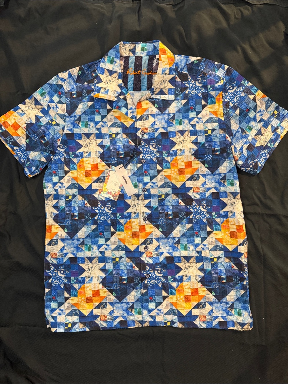 Robert Graham Blue & Orange Geometric Patchwork Stretch Shirt